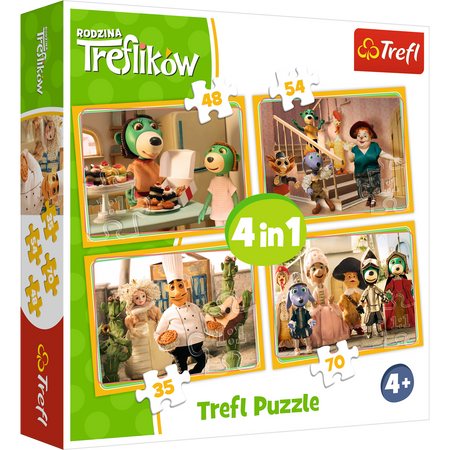Trefl Duopak Puzzle 4w1 + Chińczyk Trefliki Rodzina Treflików