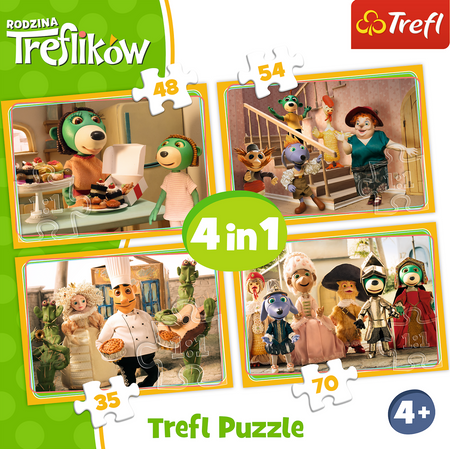 Trefl Duopak Puzzle 4w1 + Chińczyk Trefliki Rodzina Treflików